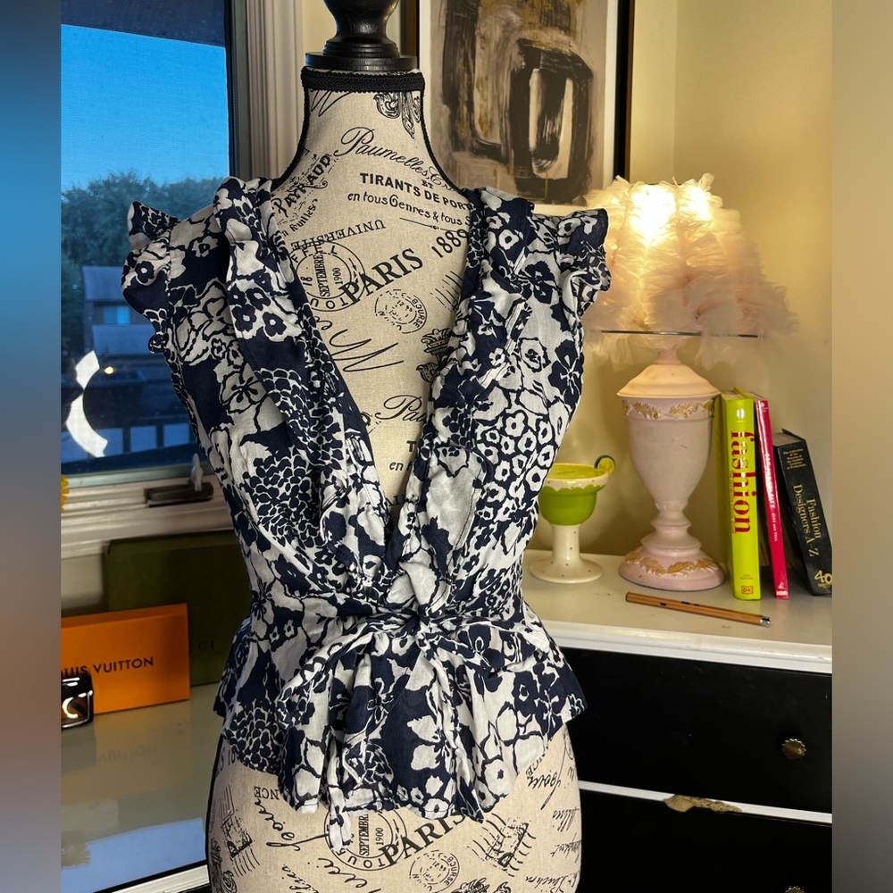 Chic Ruffled Floral Wrap Top by George ME – Feminine and Flattering (Size L)